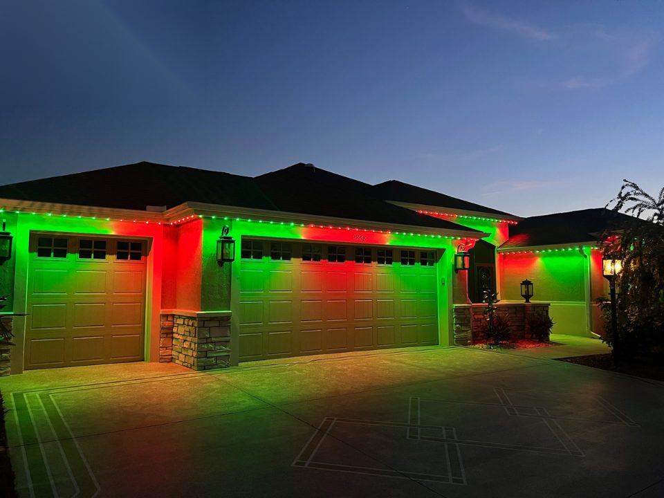 Garage and entry washed in red and green permanent lighting